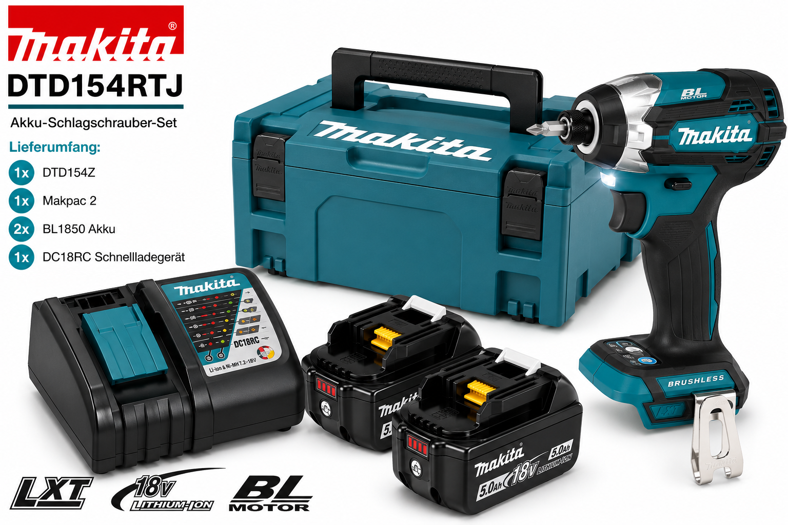 Makita DTD154RTJ Akku-Schlagschrauber (inkl. 2x 5,0Ah Akku + DC18RC Ladegerät) im Makpac