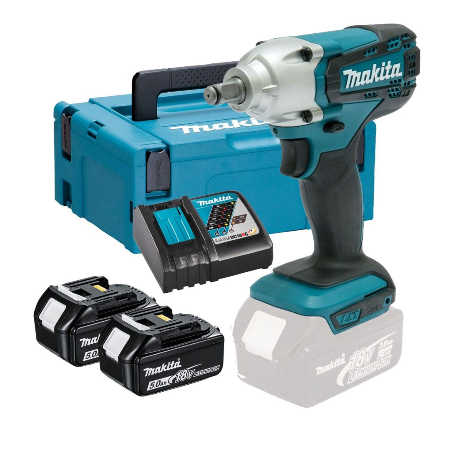 Makita DTW190RTJ Akku Schlagschrauber 18V 190 Nm + 2x Akkus 5,0Ah + Schnellladegerät im Makpac