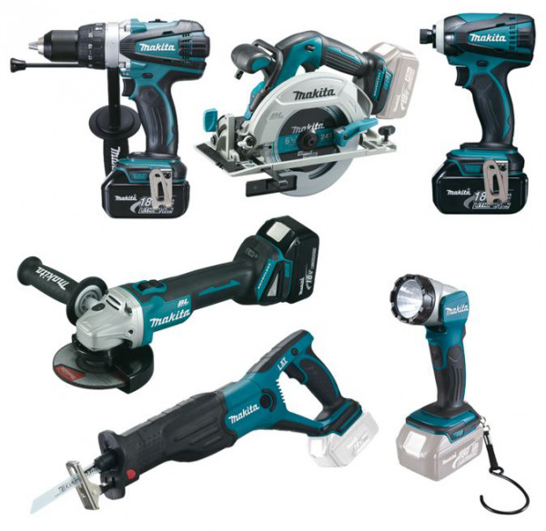 Makita Geräte-Set DHP + DHS + DGA + DTC + DJR + Lampe + Zubehör DLX6076T